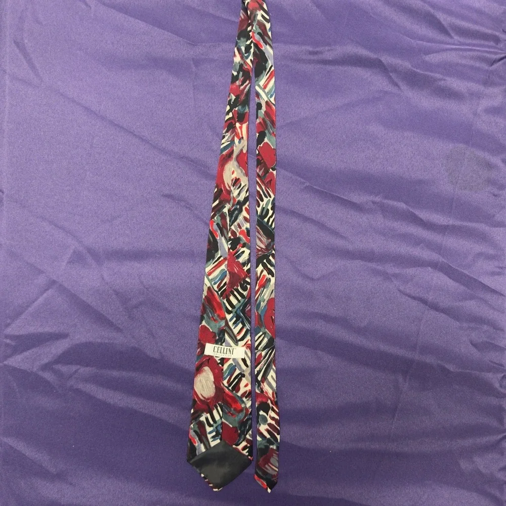 Cellini Collection Men's Silk Tie Abstract Floral‎ Red Blue Black White Neckwear